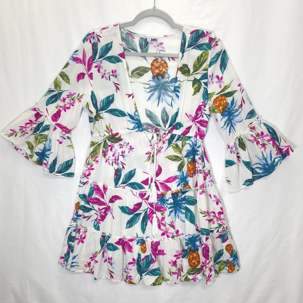 Blue Island Mini Dress Tropical Pineapple White Pink Women M Boho Resortwear